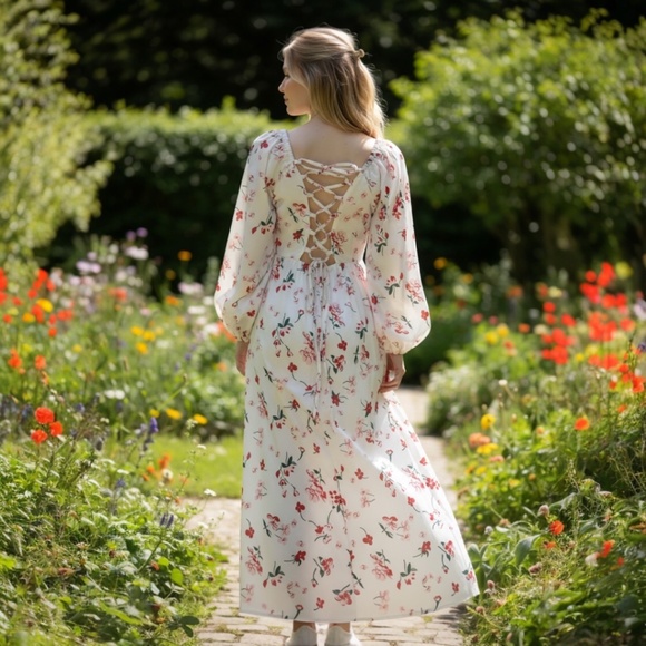 S.DEER Women’s Floral Smoked Dress Puff Sleeve Spring Summer Casual NWT - Picture 4 of 4